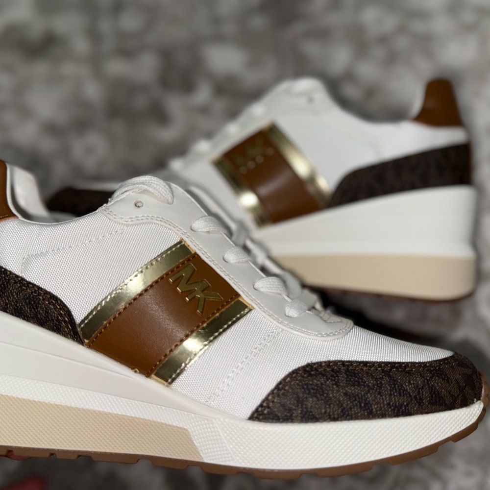 Michael Kors White and Brown Sneakers with Gold Accents